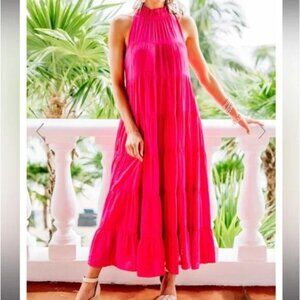 entro Hot Pink Tiered Halter Midi Dress